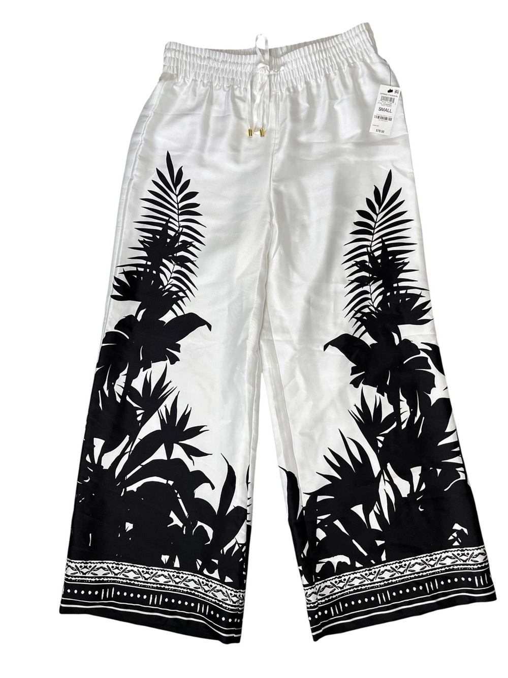 NWT I.N.C International Black White Kate Palm Print Pull-On Wide Leg Pant  Sz M